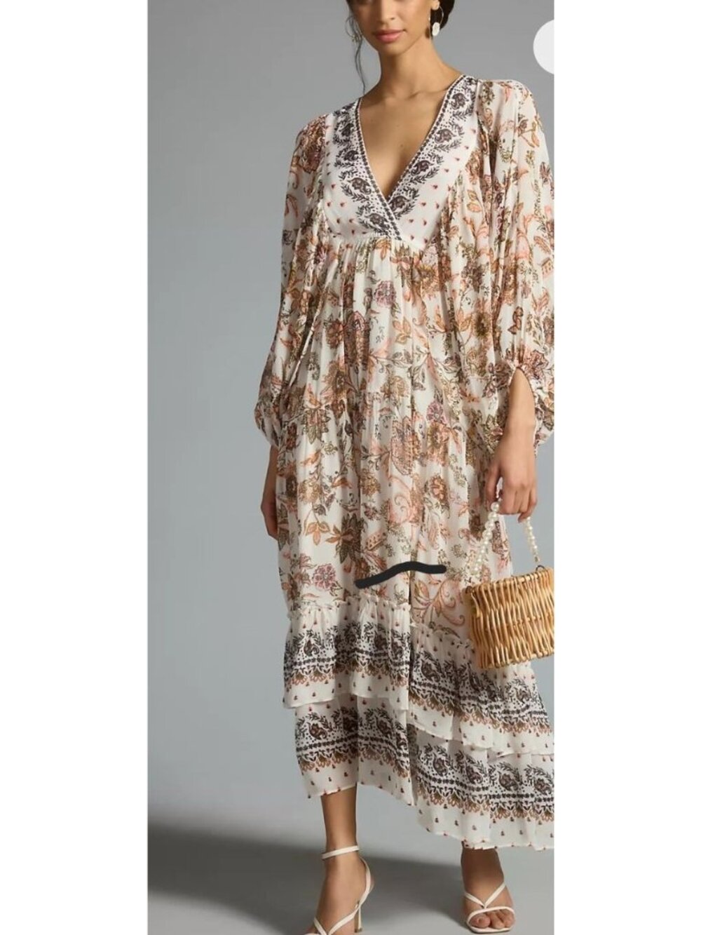 Anthropologie Paisley Floral Maxi Dress Plus size 1X Beige boho Cottagecore